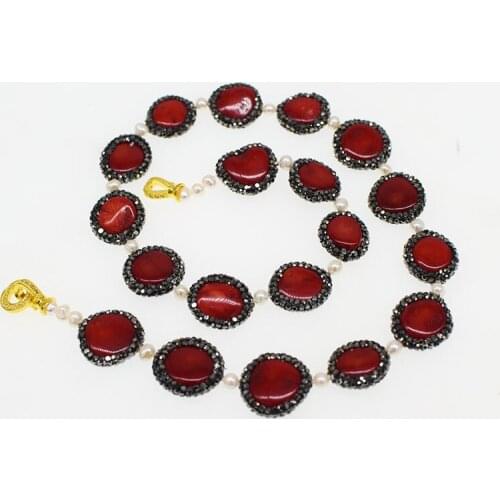 Freshwater Pearl white near round red coral flat necklace 48cm Wholesale for women xmas gift