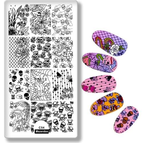 Mezerdoo Rectangle Stamping Plate Skull Snake Cobweb Flowers Design 3D Manicure Stencil Template DIY Manicure Nail Tools C54