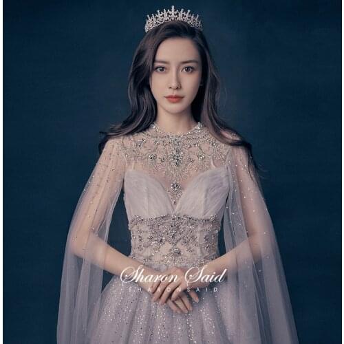 Luxury Crystal Silver Nude Arabic Evening Dress with Cape Dubai Muslim Formal Dresses for Women Wedding Guest Bridal Party Gowns