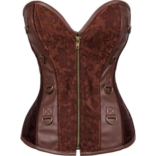 Sexy Zipper Steampunk Corset Brown color Corset Overbust bustier gothic Corselet for Women w3495