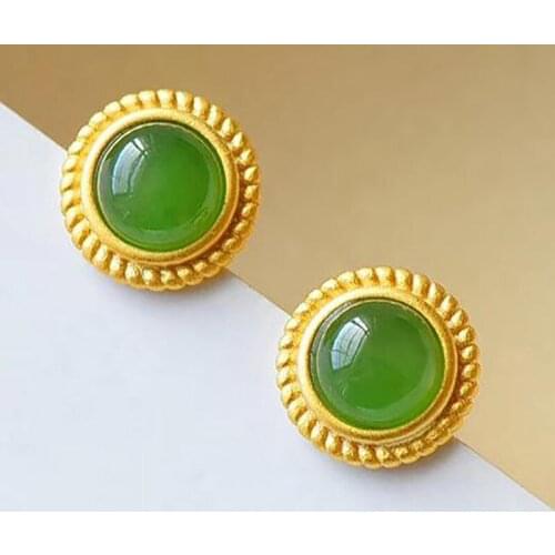 Natural silver Hetian jasper earrings inlaid with precious stones golden pattern light luxury craftsmanship ladies brand jewelry