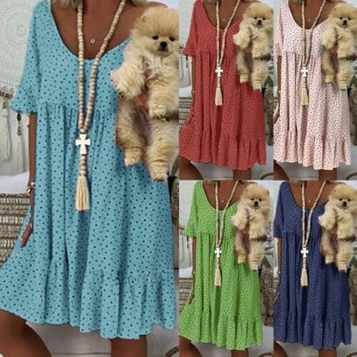 Loose Plus Size Dot Print Women Mini Casual Large V Neck Ruffle Summer Flare Sleeve Dresses Short Vestidos