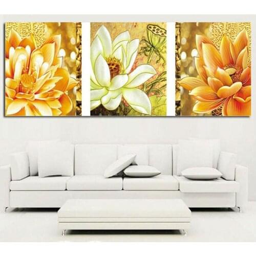 Triptych full diamond painting square round Golden flower 5d cross stitch Home decor diamond mosaic lily Floral painting decor
