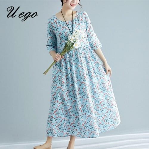 Uego Cotton Linen Loose Autumn Dress Print Floral Prairie Chic Dress Office Lady OL Work Dress Women Spring Long Casual Dress