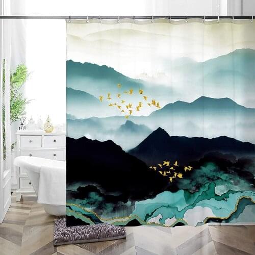 Scenery Teal Fabric Bird Travel Trailer Shower Curtain Abstract Black Mountain