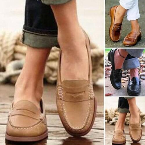 Womens Ladies Casual Shoes Moccasin Loafers Slip On Peas Leather Lazy Shoes Shallow Mouth Round Toe Outdoor Casual Shoes