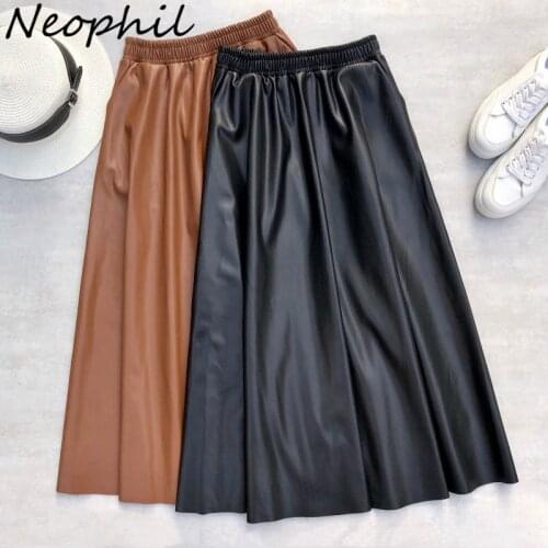 Neophil 80cm Women Leather Long Skirts Pockets 2021 Winter Elastic Waist A-Line Flare Skirt Brand Thick Latex Falda Larga S21864
