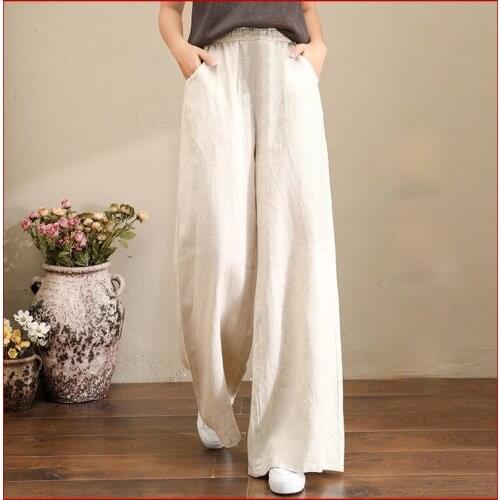 PIPIMOTHER Women Summer Cotton And Linen Electric High Waist Wide Leg Pants Casual Loose Long Pants