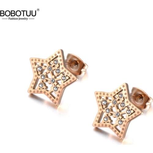 BOBOTUU Fashion OL Style Star Inlay CZ Crystal Stainless Steel Stud Earrings For Women Rose Gold Ear Jewelry Accessories BE19175
