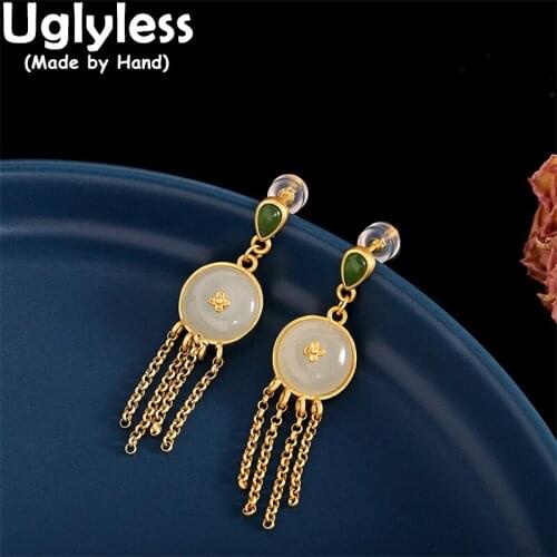 Uglyless Classic Peace Buttons Studs Earrings Women Natural Jade Jasper Earrings Gold Chains Tassels Brincos 925 Sterling Silver