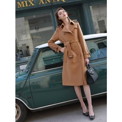 Camel water ripple double-sided cashmere coat womens medium and long high-end Hepburn wool coat 2021