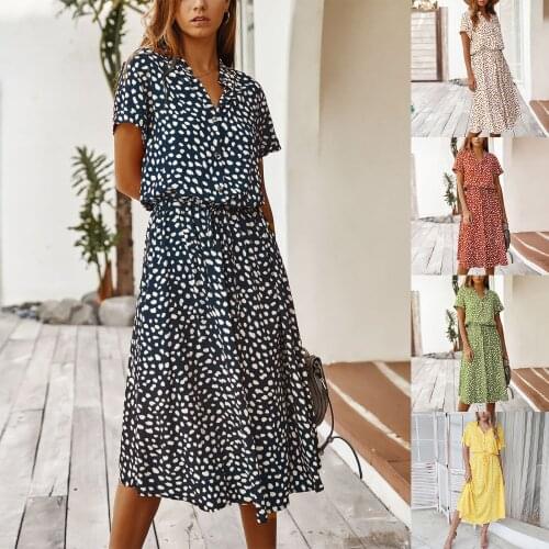 Fashion Polka Dot Print Dress Women High Waist Sashes A Line Summer Dress Short Sleeve Single-breasted Bohemian Midi Dresses