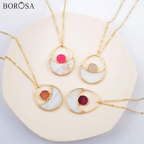 BOROSA Natural Crescent White Shell Pendant Necklace 18'' Gold Egg Shape Natural Agates Drusy Chain Necklace for Women G1959-N