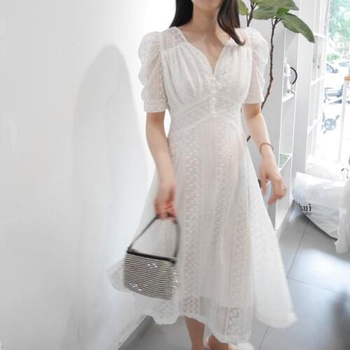 Woman vintage white temperament dress 2020 summer V-neck short puff sleeve lace hollow out flower high waist show thin dress