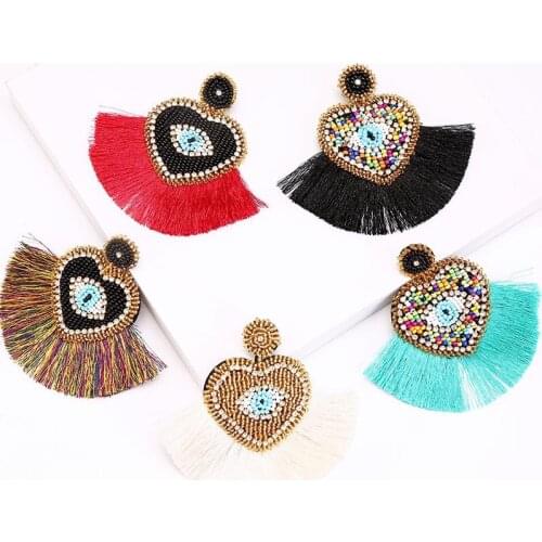Bohemian Evil Eye Drop Earrings for Women Long Beaed Tassel Colorful Dangle Statement Boho Earrings Wholesale Jewelry Party