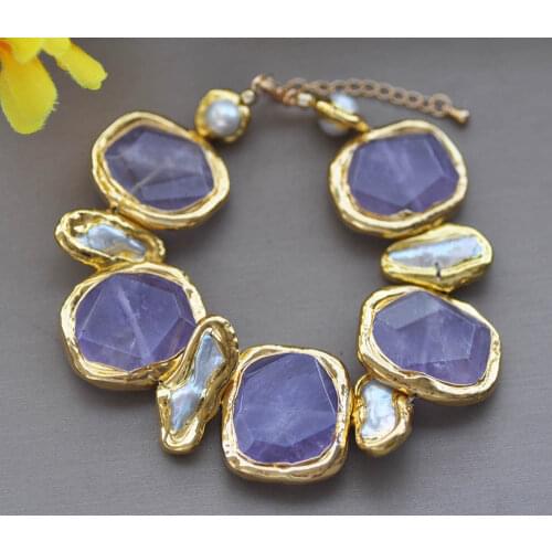 Z11098 8" 30mm Lavender Amethyst White Biwa Pearl Gold plated Bracelet
