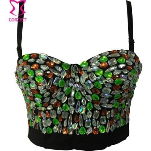 Corzzet Colorful Crystal Gem Beads Push Up Punk Bras Bustiers Sexy Gothic Party Dance Bras Crop Top Gather Brassiere