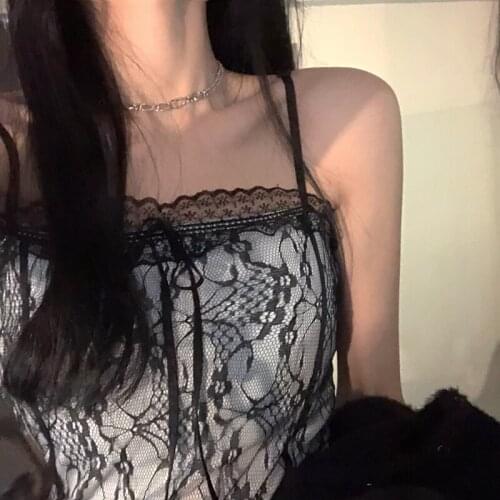 Black Sexy Camis Women Casual Korean Style Sleeveless Y2k Crop Tops Female Elegant Party Lace Tanks Slim Spaghetti Strap Shirts