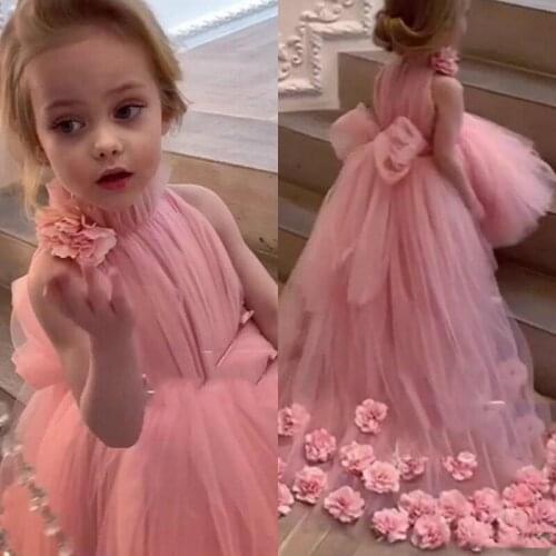 Lovely Tulle Pink Flower Girl Dresses for Weddings High Neck Sleeves Sweep Train 3D Floral Applique Communion Dress Girls Pagean