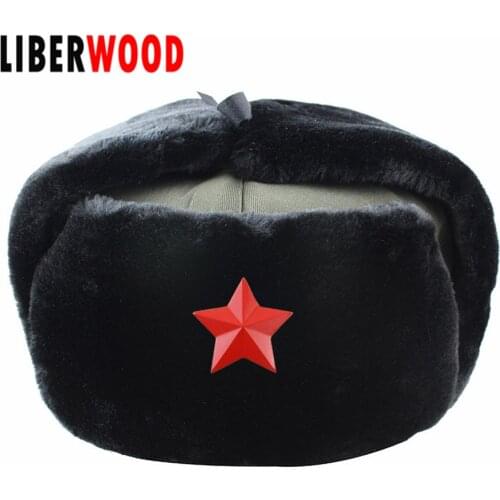 LIBERWOOD Faux Fur men Womens Winter Earwarmer Earmuff hat Soviet and Russian Emblem RUSSIA CCCP USSR star Bomber Hat cap