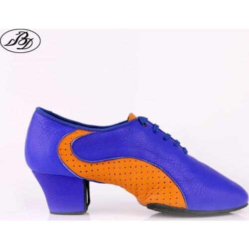 Hot Sale Women Teaching Dance Shoe T454 Blue&Orange Soft Genuine Leather Shoes Latin Ladies Dancesport Shoe Split Outsole