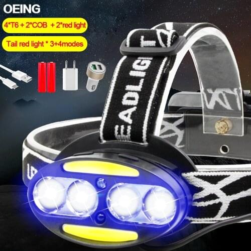 Powerful USB Headlamp 4*T6+2*COB+2*Red LED Headllight Super bright 7 lighting modes Torch Lanterna with batteries charger