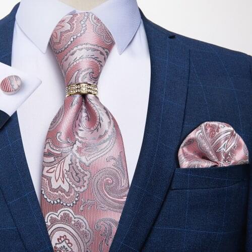 Men Tie Pink Paisley Floral Silk Jacquard Woven Wedding Tie Business Formal Necktie Handkerchief Cuffinks Ring Set DiBanGu