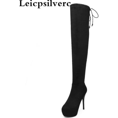 New winter European and American round head Martin boots waterproof table knee high boots extra high heel elastic women boots