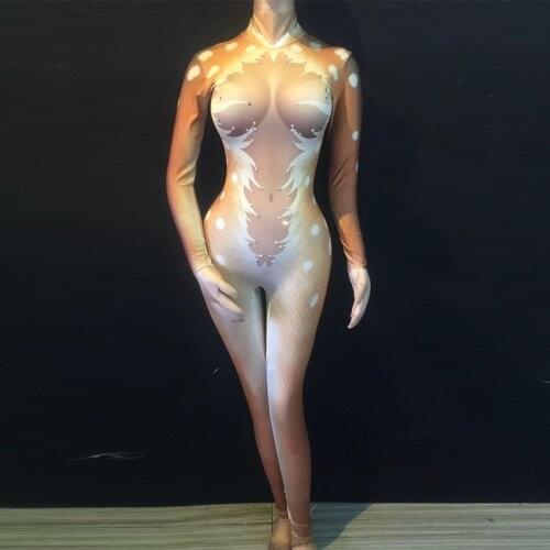 Christmas nude womens Jumpsuits rhinestone Sexy Bodysuit Printed Nightclub Party Stage Wear Performance Dancer Singer Costumes