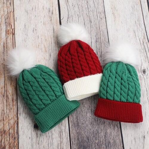 Baby Christmas Knitted Caps Pure Color Festival Autumn Winter Warm Ear Protection Girls Boys Accessories Plush Ball Hats