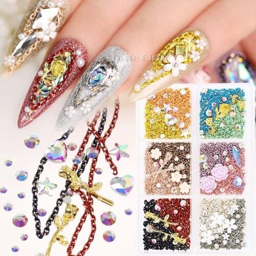 6Grids/BOX Punk Style Mix 3D Flowers Metal Rose Chains Glitter Flatback Diamond Nail Art Rhinestones Manicure DIY Charms