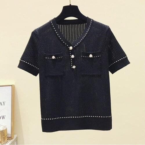 GGRIGHT Thin Knitted T Shirt Women Hollow Out V-Neck Button T-shirts Short Sleeve Woman Clothes Camiseta Mujer 2020 Summer Hot