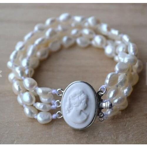 Unique Pearl Jewelry Genuine Pearl Bracelet 4 rows 6-7mm Rice Freshwater Pearl Bracelet Shell Clasp Charming Women Gift