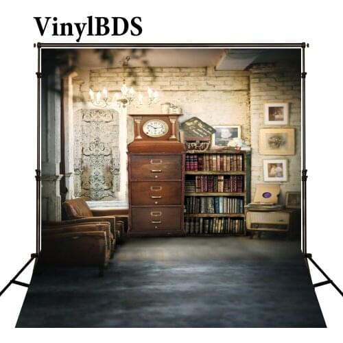 VinylBDS Bookshelf Cabinet Clock Indoor Children Background Brick Wall Wedding Backdrop Newborn Backdrops for Kids Photo Studio