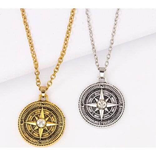 Vintage Compass Octagon Star Pendants & Necklaces For Women Simple Design Hip Hop Cross Rhinestone Necklace Men Jewelry A864