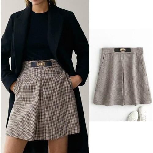 Women Skirt Za 2021 Plaid Print Elegand Style Mini Skirt Cotton Lanon A-line Autumn Skirt Sashes Jupe Femme Faldas Mujer Moda