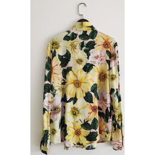 Women Spring Summer 100% Silk Shirt 2021 High Quality Designer Bow Yellow Flower Print Elegant Office Blouse