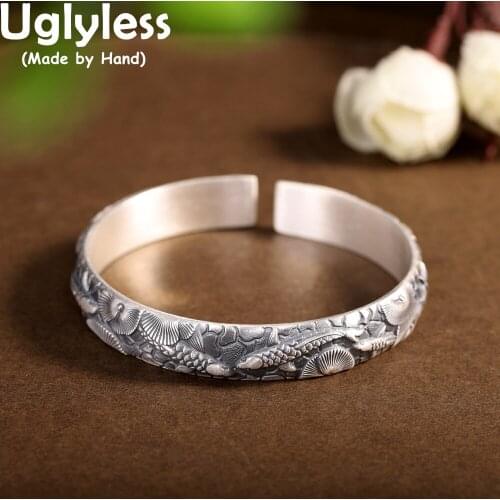 Uglyless Solid 999 Full Silver Ponds full of Lotus Leaves Bangles for Women 10MM Width Ethnic Thai Silver Bangles Retro Jewelry