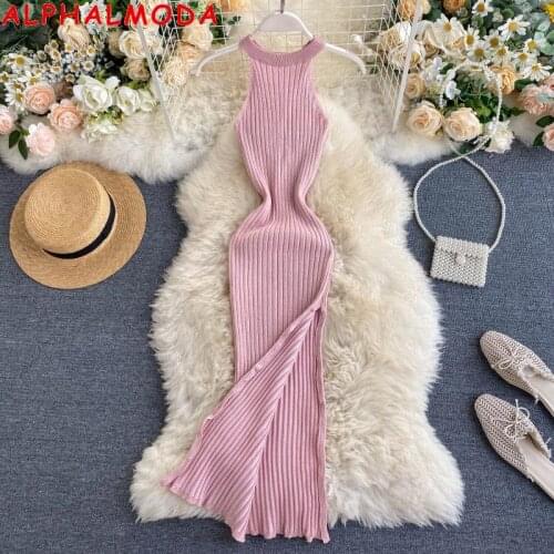 ALPHALMODA New Bright Shining Knit Dress Side Split Sexy Split Mid-calf Bodycon Knitted Dress Women Summer Solid Knitting Dress