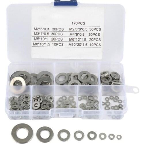 170pcs / set M2 M2.5 M3 M4 M5 M6 M8 M10 stainless steel flat washer classification set with box