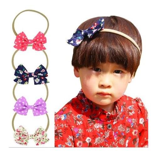 4 Pcs/lot Baby Infant Bowknot Handmade Boutique Nylon Headband With Flower Print Bow Hair Band Toddler Hair Accessories Headwear