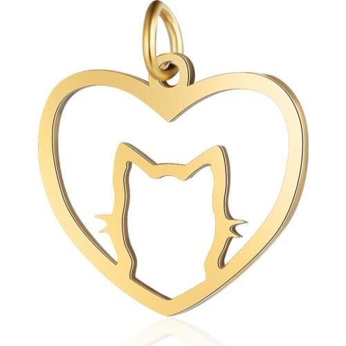 5pcs 316L Stainless Steel High Polished Hollow Out Heart Shape Cat Floating Charm 20x21mm for DIY Necklace Pendant Jewelry Craft