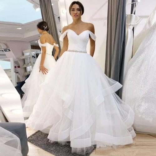 ANGELSBRIDEP Sweetheart Ball Gown Wedding Dresses Bohemian Fashion Ruffle Tulle Crystal Waist Floor-Length Formal Bride Dress