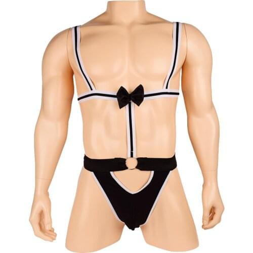 Men Open Butt Erotic Waiter Teddies Bodysuit Macho Man Singlet Suspender Thong Bow Tie Gay Underwear Lingerie