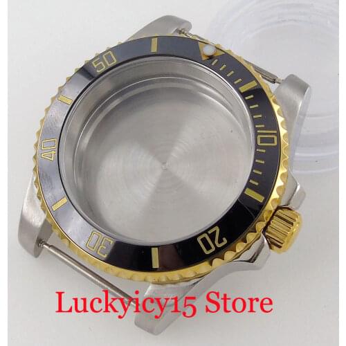 Fit NH35A NH36A ETA 2836 2824 MIYOTA 8215 Two Tone Gold 40mm Watch Case Flat Sapphire Crystal Solid Back Gold Ceramic Insert