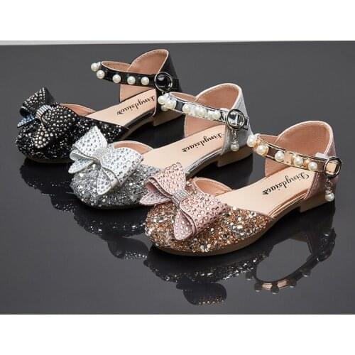 Princess Sequins Fashion Crystal Bow Kids Flats Shoes Summer Baby Girl Beach Sandals ChildrenS Party Dance Sandals 1-12 Year