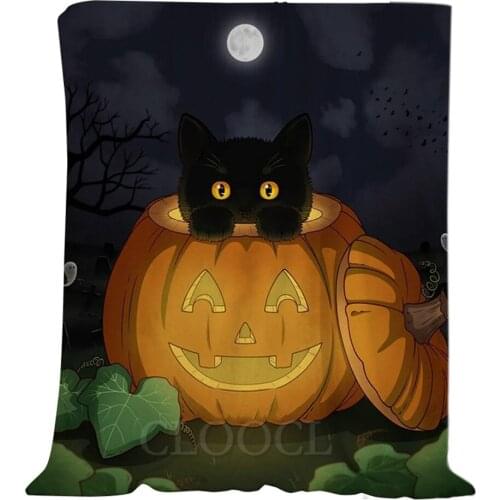 CLOOCL Halloween Theme Flannel Blankets The Kitten Under The Moon With Pumpkin Lantern Halloween Blanket Keep Warm Plush Quilts