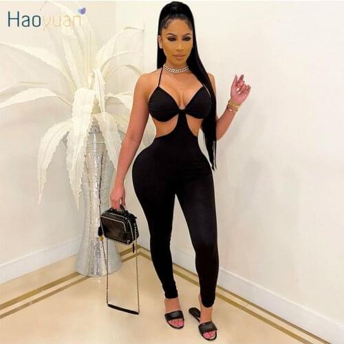 HAOYUAN Sexy Hollow Out Bodycon Jumpsuit Backless Off Shoulder Summer Vacation Outfits for Women Overalls One Piece Club Rompers