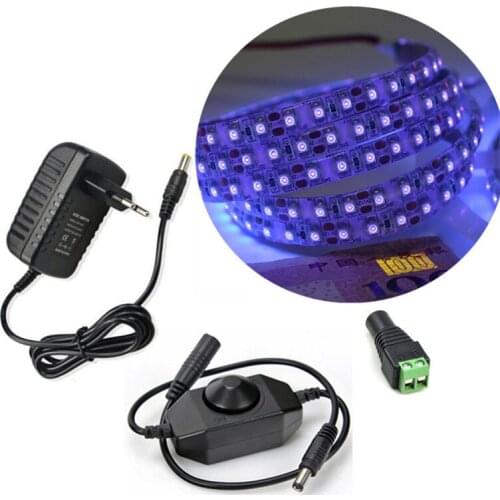UV LED Strip Light Kit 12V SMD 3528 1M 2M 3M 4M 5M Waterproof Ribbon Purple Flexible Ultraviolet Tape+12V Adapter+Dimmer Switch
