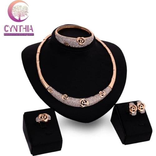 Creative Gold Rose Necklace Earrings 4 Piece Dubai Bridal Wedding Costume Jewelry Nigerian Party Jewelry Set For Women
